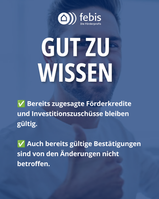 Hinweis, das bereits bewilligte Förderanträge und Bestätigungen nicht von den Änderungen betroffen sind - im Hintergrund symbolisiert ein Handwerker mit Daumen hoch, dass die Heizungsmodernisierung in den Fällen wie geplant weiter gehen kann